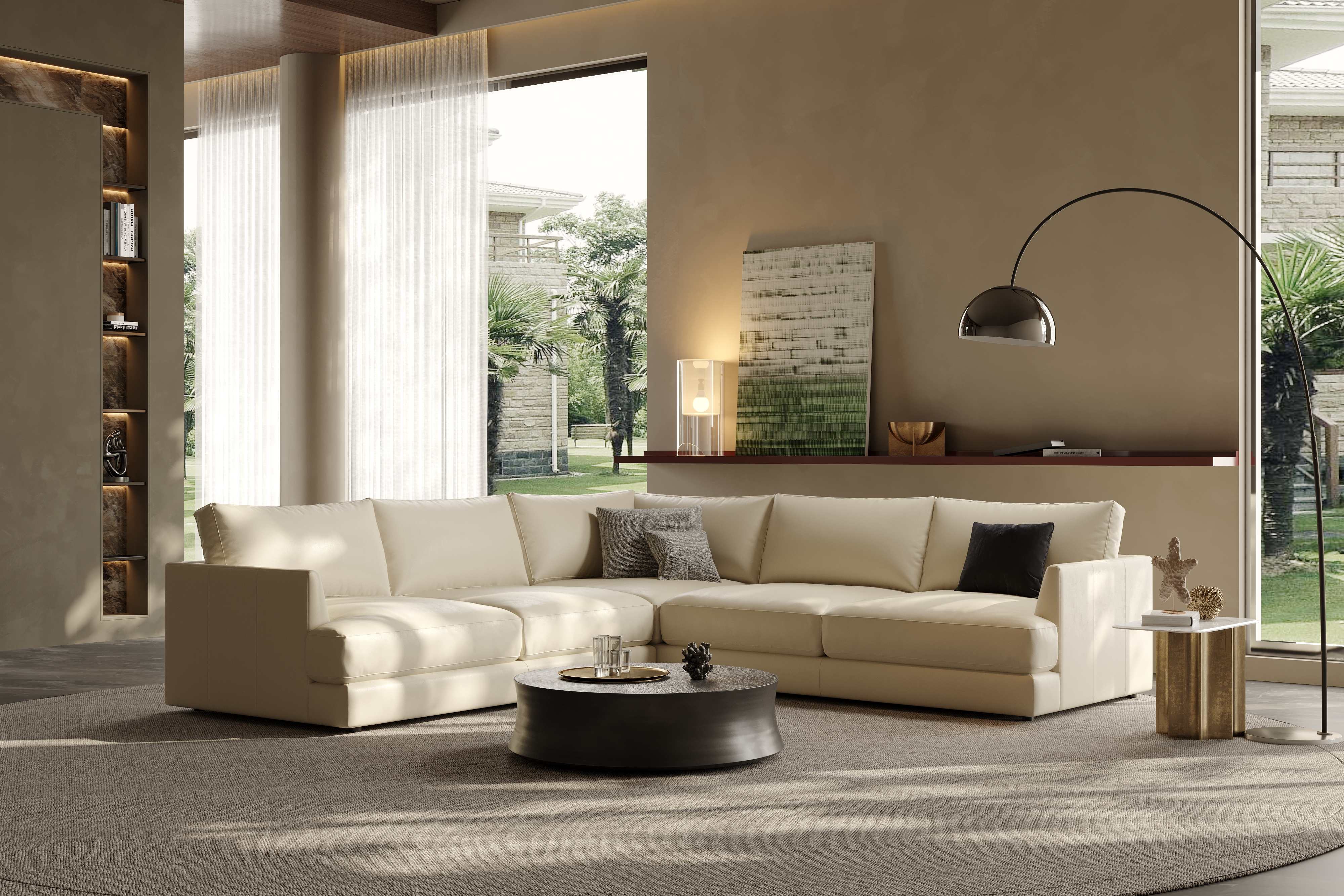 Vidal Leather L-Shape Corner Sofa Beige 01