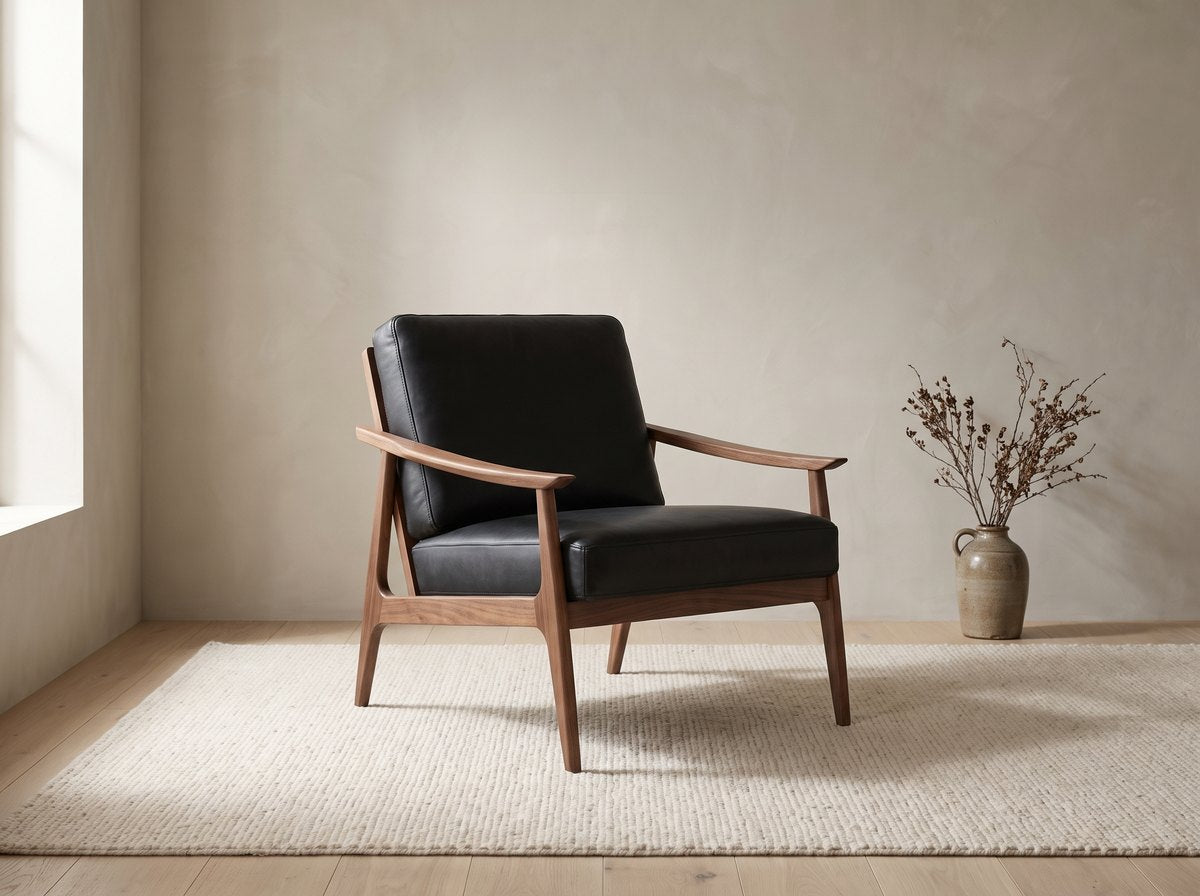 Isode accent chair with black leather cushions in a walnut frame