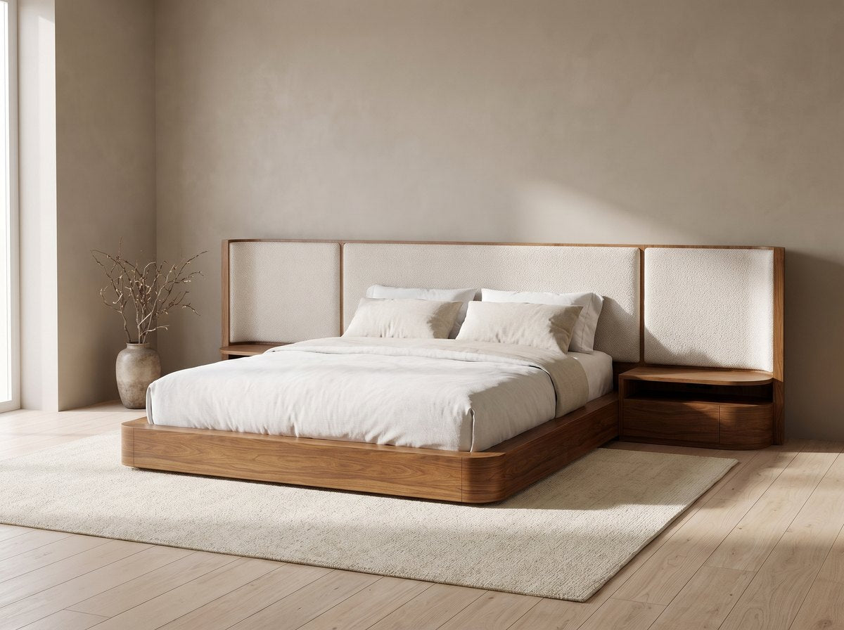 Aubert walnut platform bed with bouclé headboard and built-in nightstands