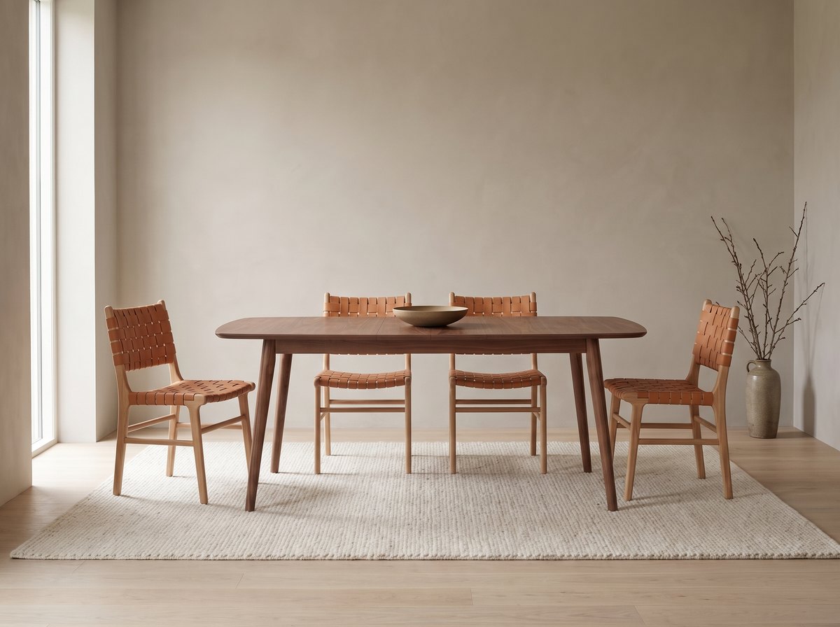 Cluny walnut dining table with four Arles woven leather dining chairs