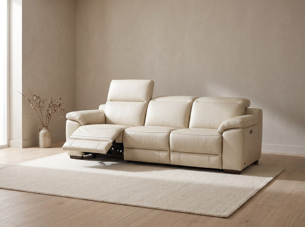 Bain cream leather power reclining sofa with one seat reclined