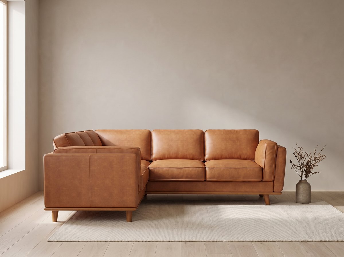 Maestro cognac leather L-shaped corner sectional in a bright living room