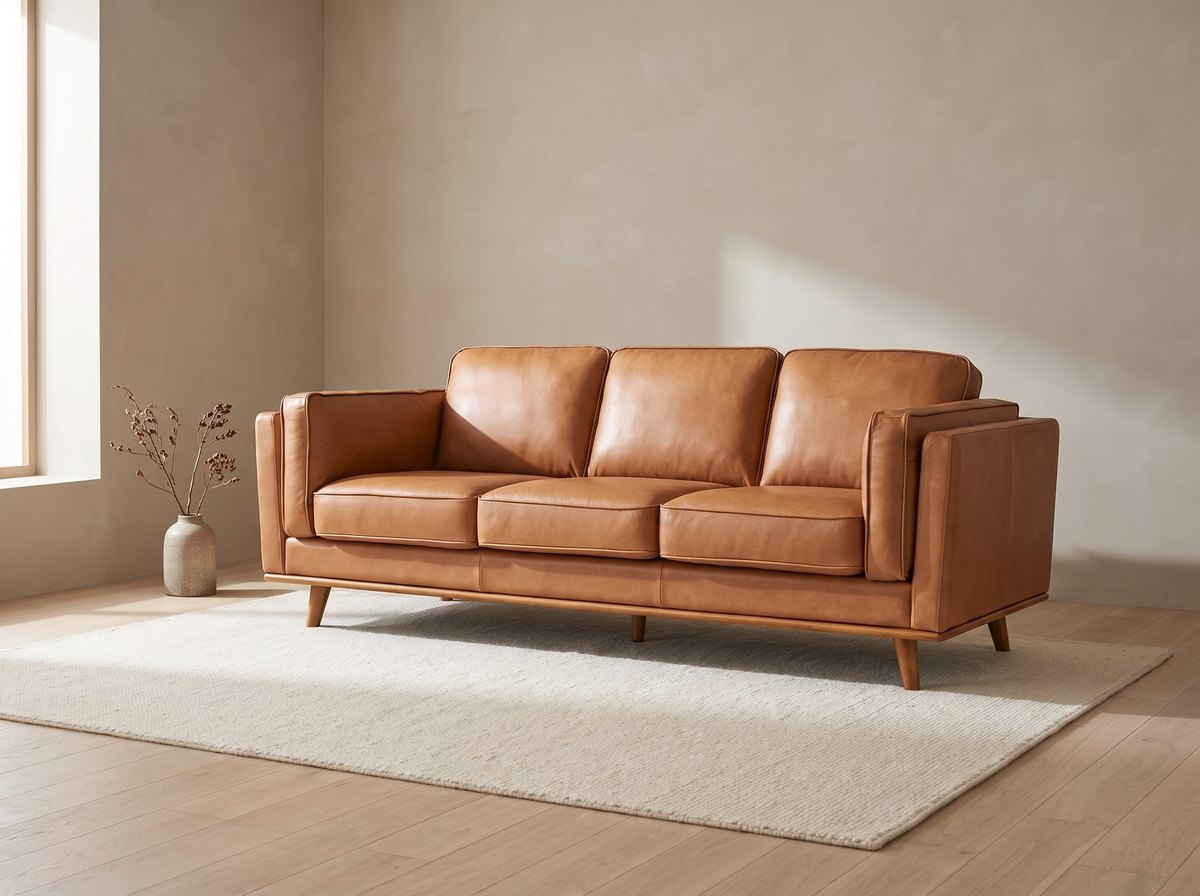 Maestro cognac leather three-seat sofa in a bright living room