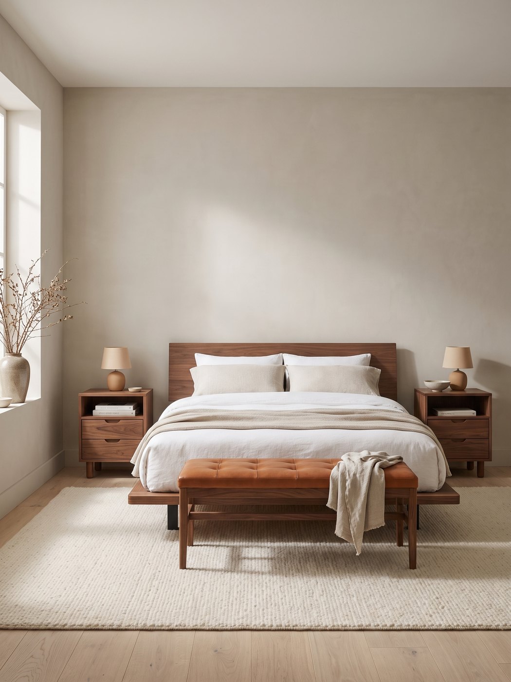 Bedroom with the Leroy walnut platform bed, Bonnieux walnut nightstands and Carnac cognac leather bench
