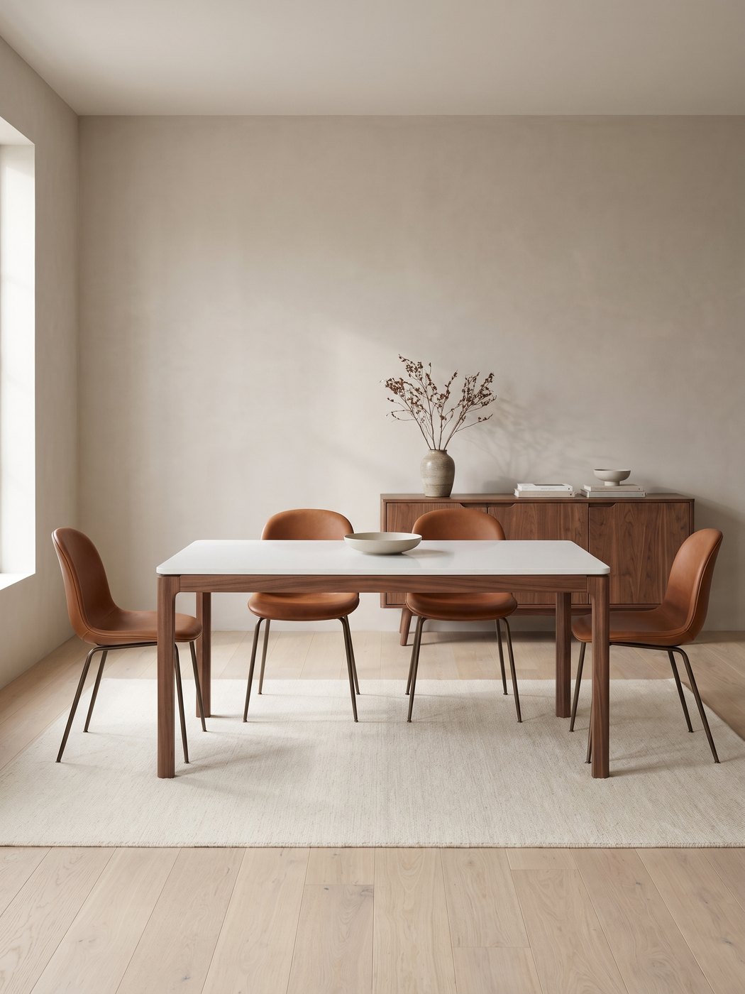 Dining room with the Menerbes quartz-top walnut dining table, Saumur cognac leather dining chairs and Quimper walnut sideboard