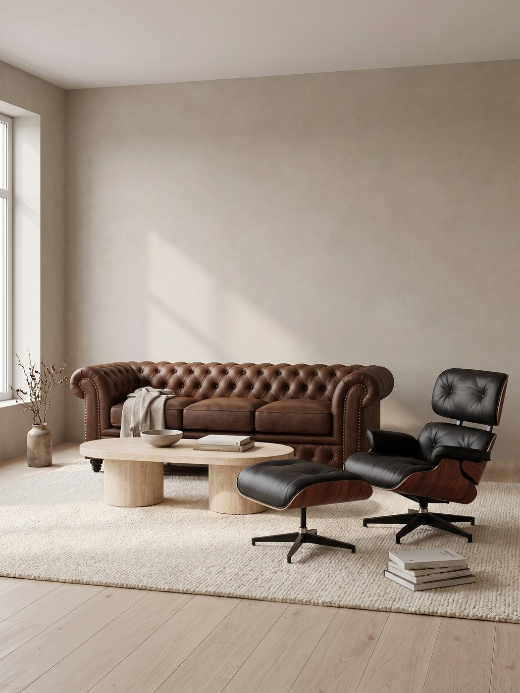 Living room with the Figaro chocolate leather Chesterfield sofa, Aria leather lounge chair and ottoman, and Bandol travertine coffee table