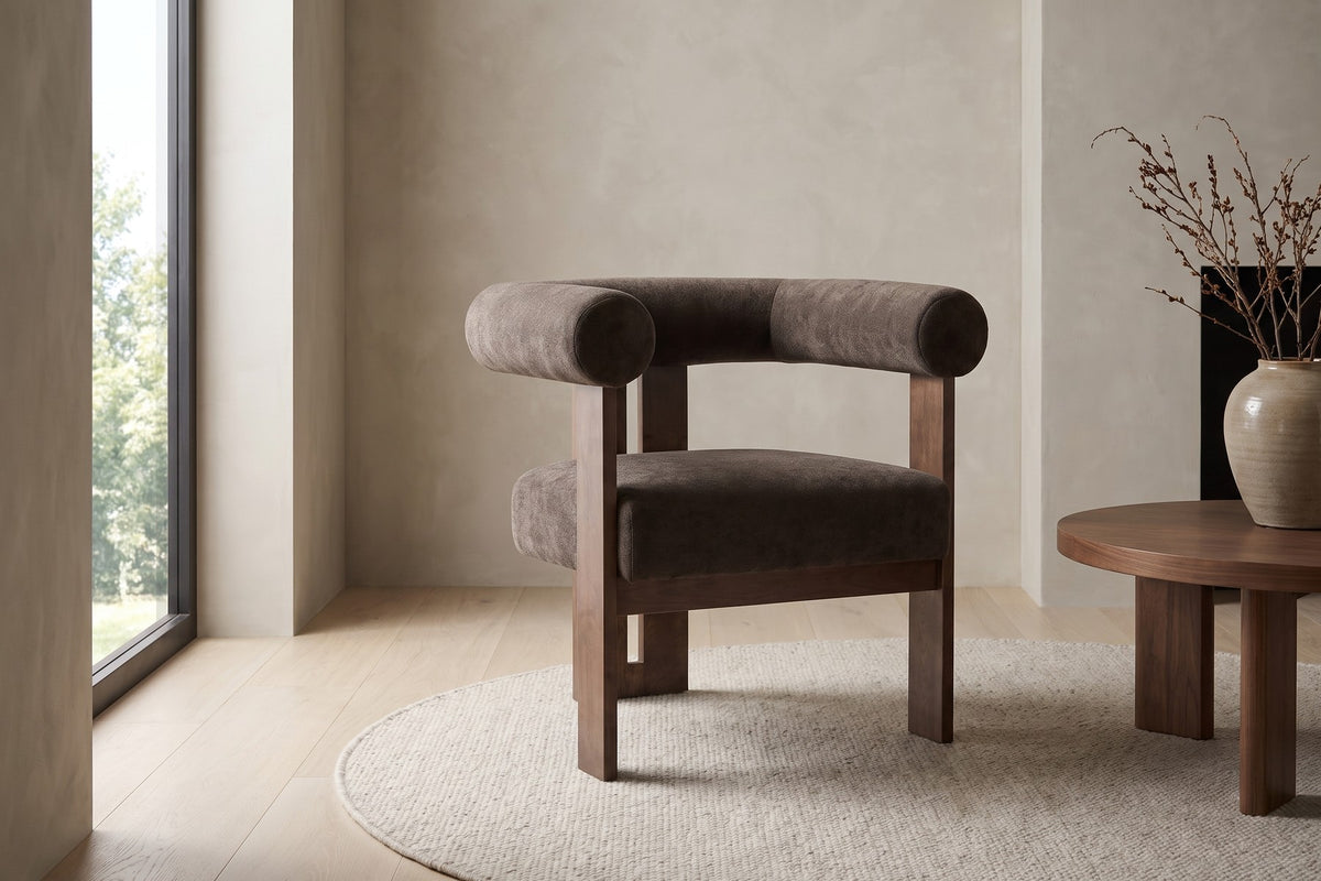 Gaspard Velvet Accent Chair – Round Bolster Arms, Walnut-Finish Birch Base
