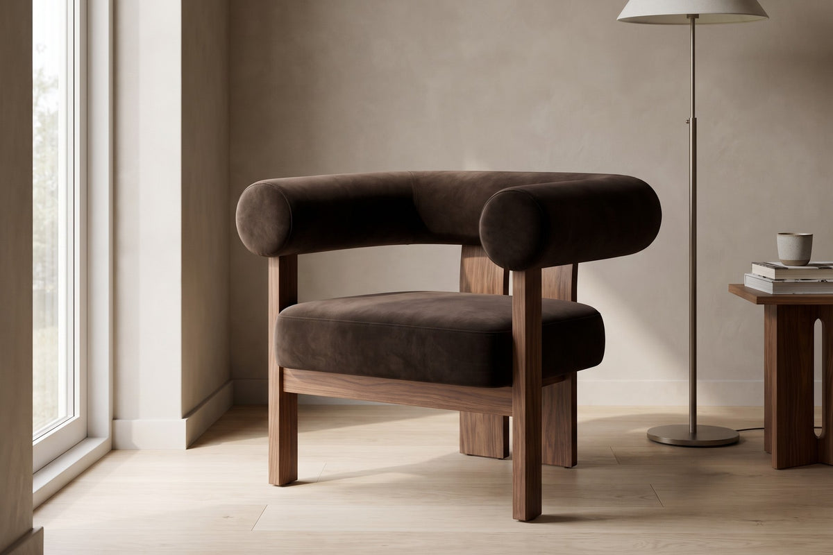Gaspard Velvet Accent Chair – Round Bolster Arms, Walnut-Finish Birch Base