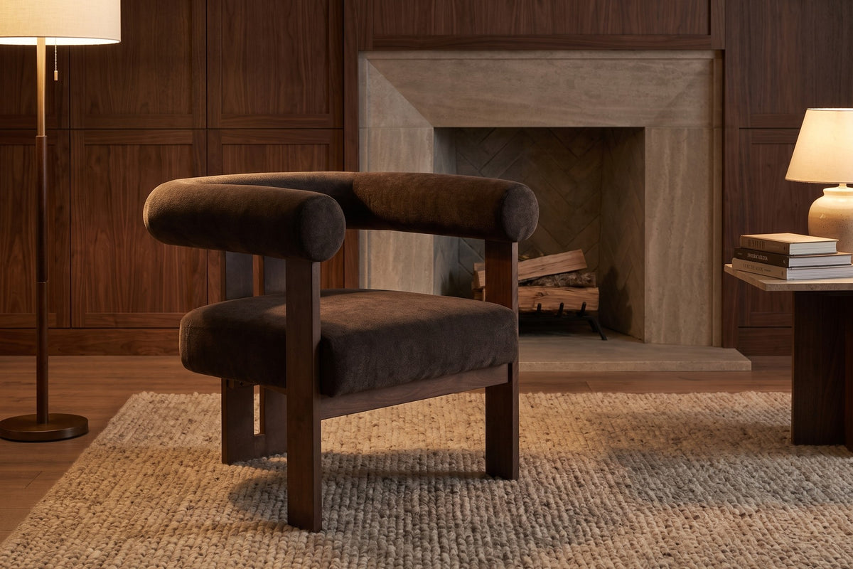 Gaspard Velvet Accent Chair – Round Bolster Arms, Walnut-Finish Birch Base
