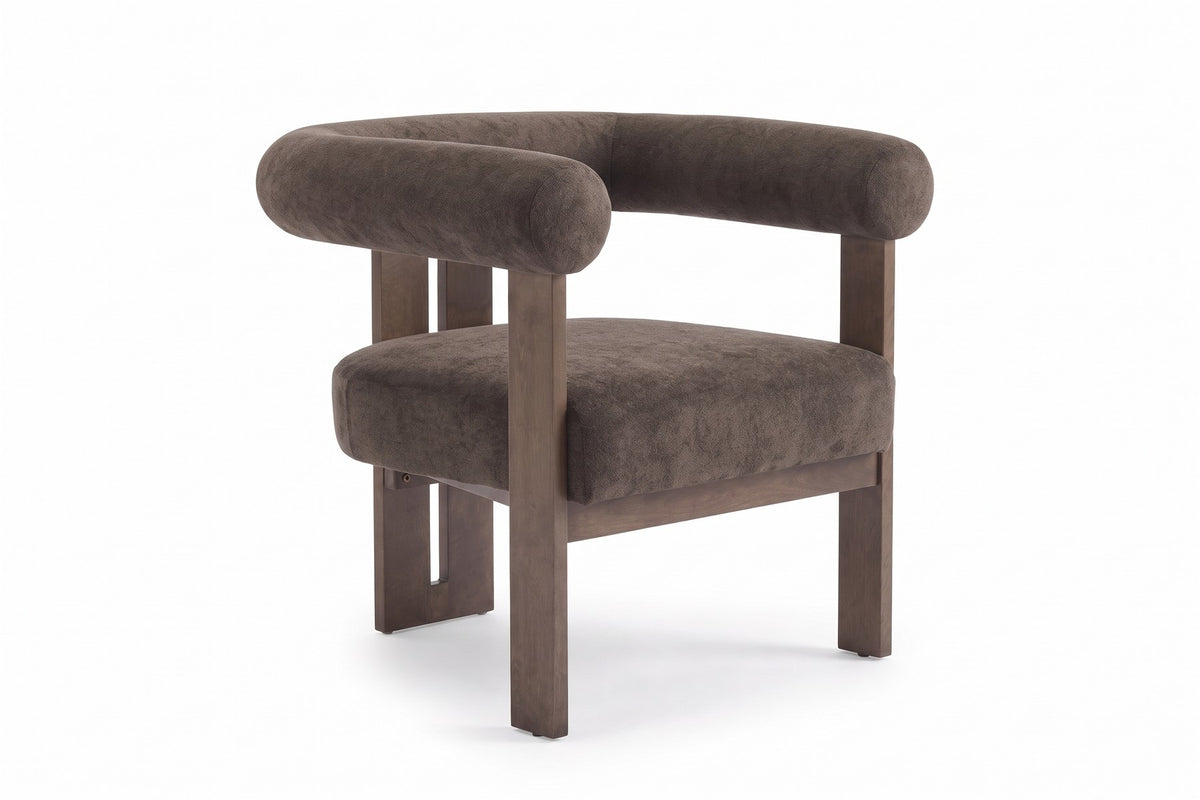 Gaspard Velvet Accent Chair – Round Bolster Arms, Walnut-Finish Birch Base