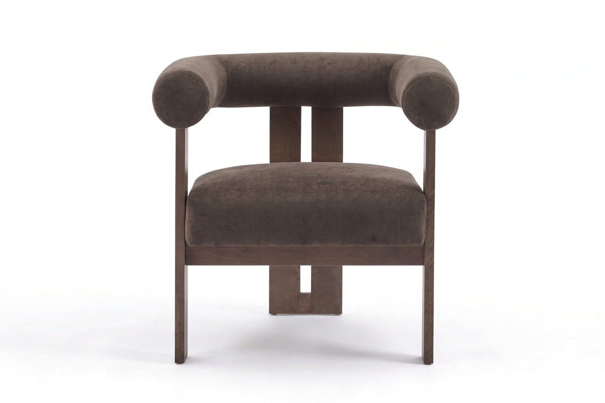 Gaspard Velvet Accent Chair – Round Bolster Arms, Walnut-Finish Birch Base