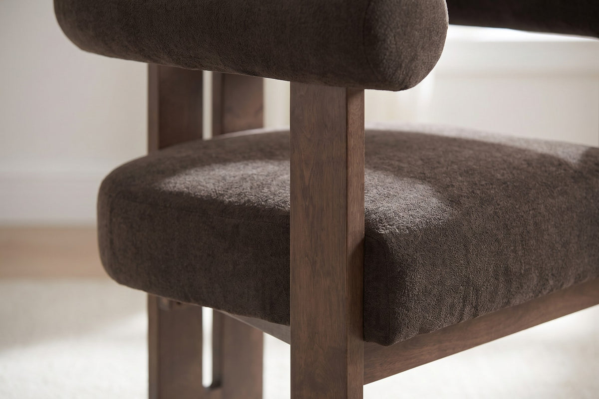 Gaspard Velvet Accent Chair – Round Bolster Arms, Walnut-Finish Birch Base