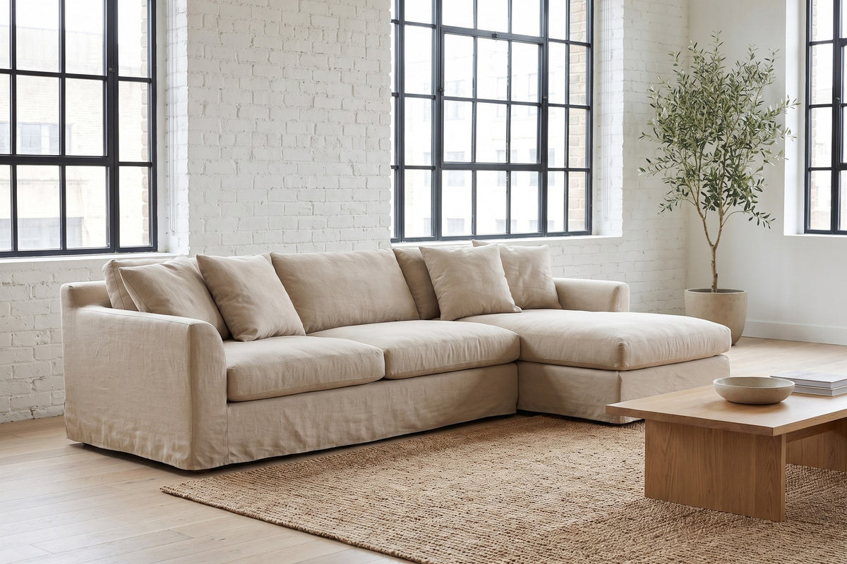 Germain Natural Linen Slipcovered Chaise Sectional in a room setting