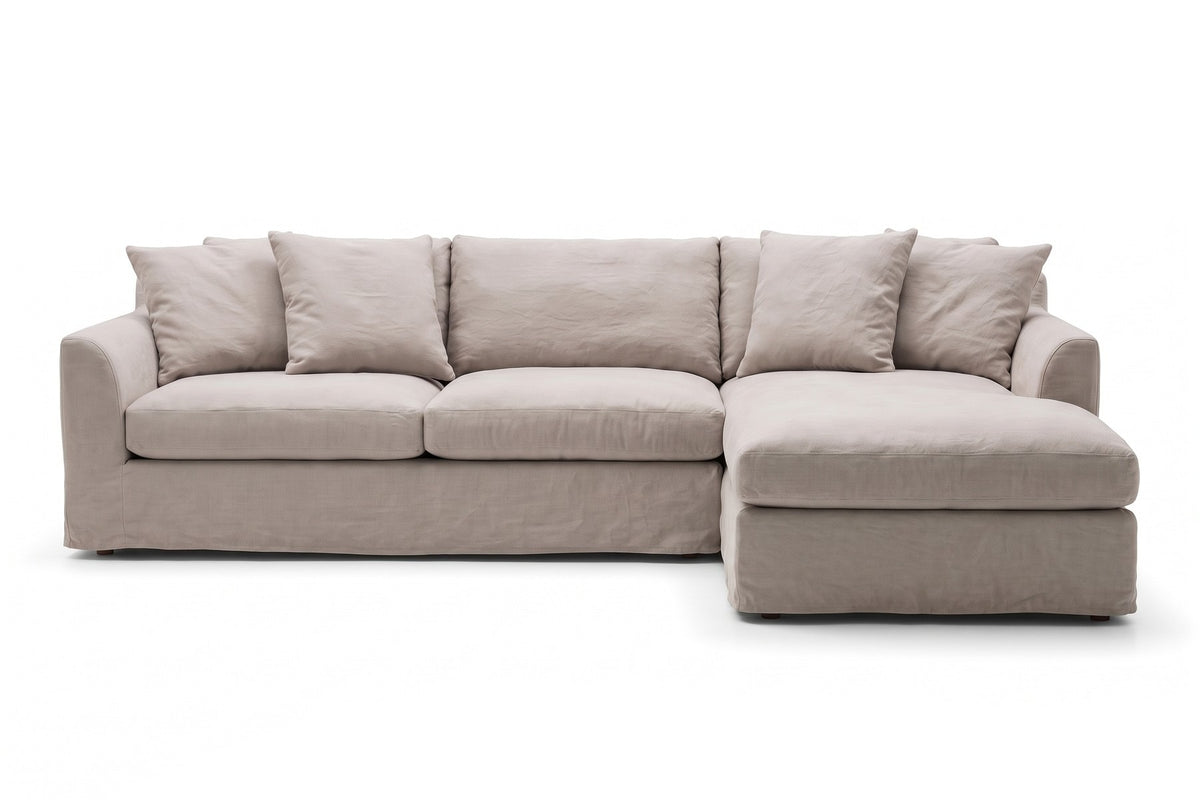 Germain Linen Slipcovered Chaise Sectional in Stone, front view on white