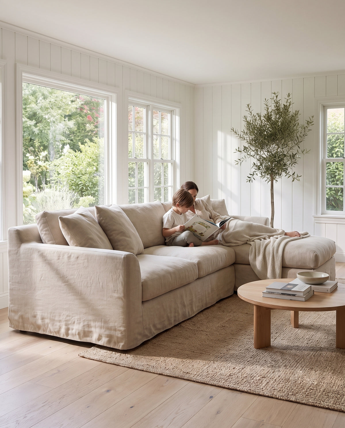 Germain Natural Linen Slipcovered Chaise Sectional in everyday use at home
