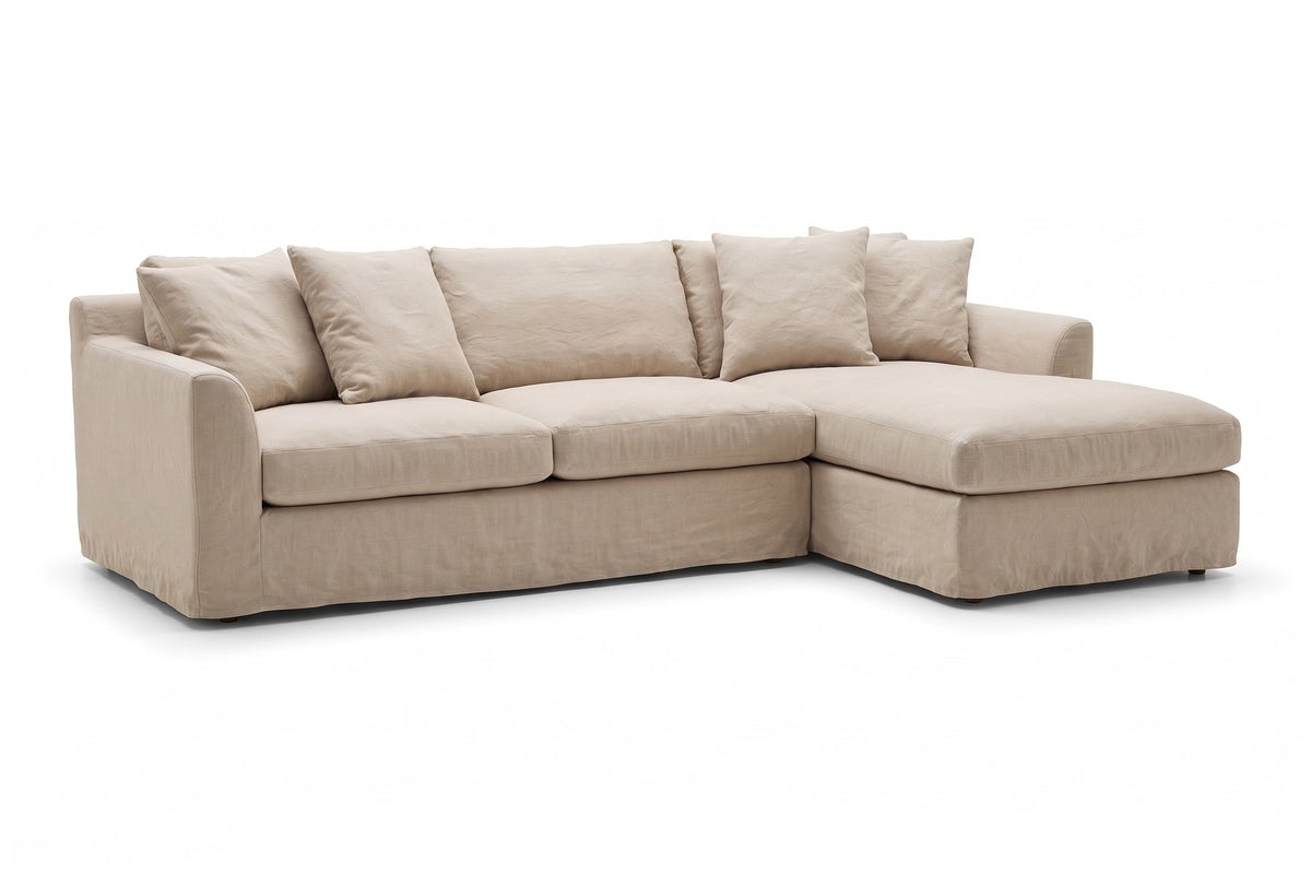 Germain Natural Linen Slipcovered Chaise Sectional, three-quarter view from the front left, slightly above seat height