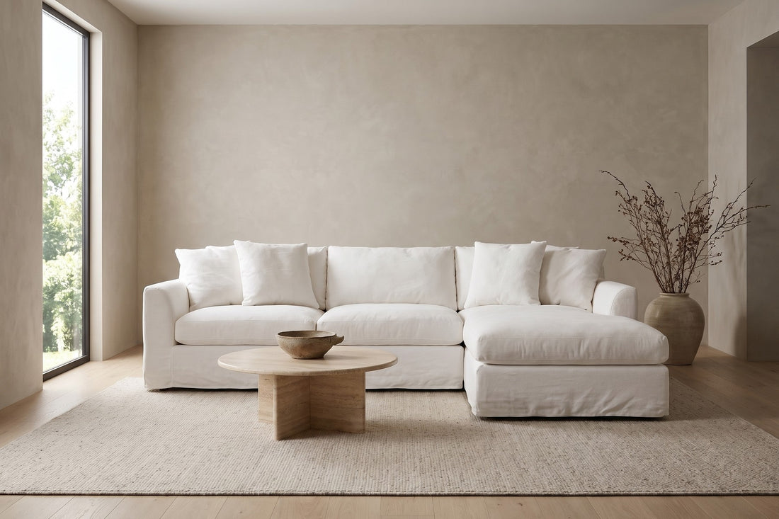 Germain Linen Slipcovered Chaise Sectional in White, in a living space