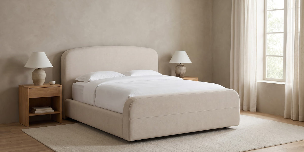 Giverny Oatmeal Upholstered Low Bed banner