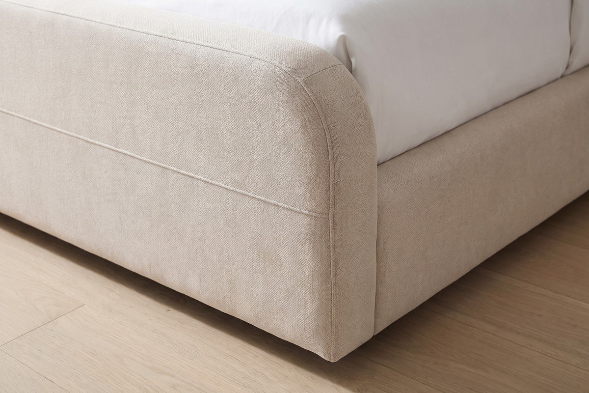 Giverny Upholstered Low Bed – Rounded Headboard, Performance Fabric, Queen