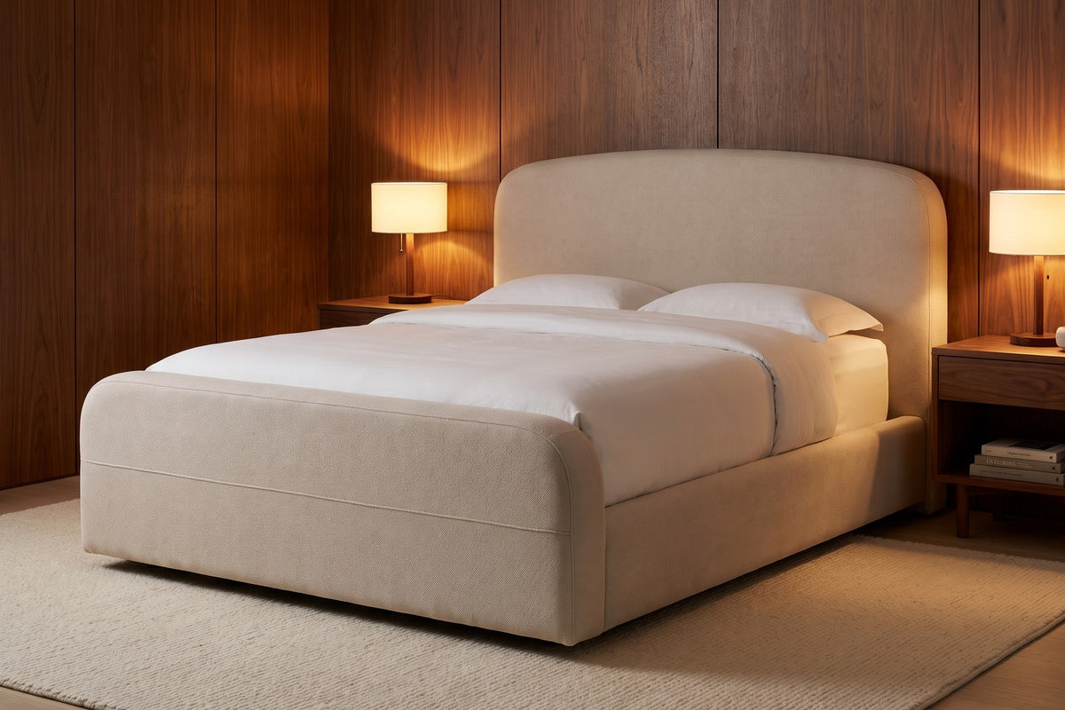 Giverny Oatmeal Upholstered Low Bed styled in a room