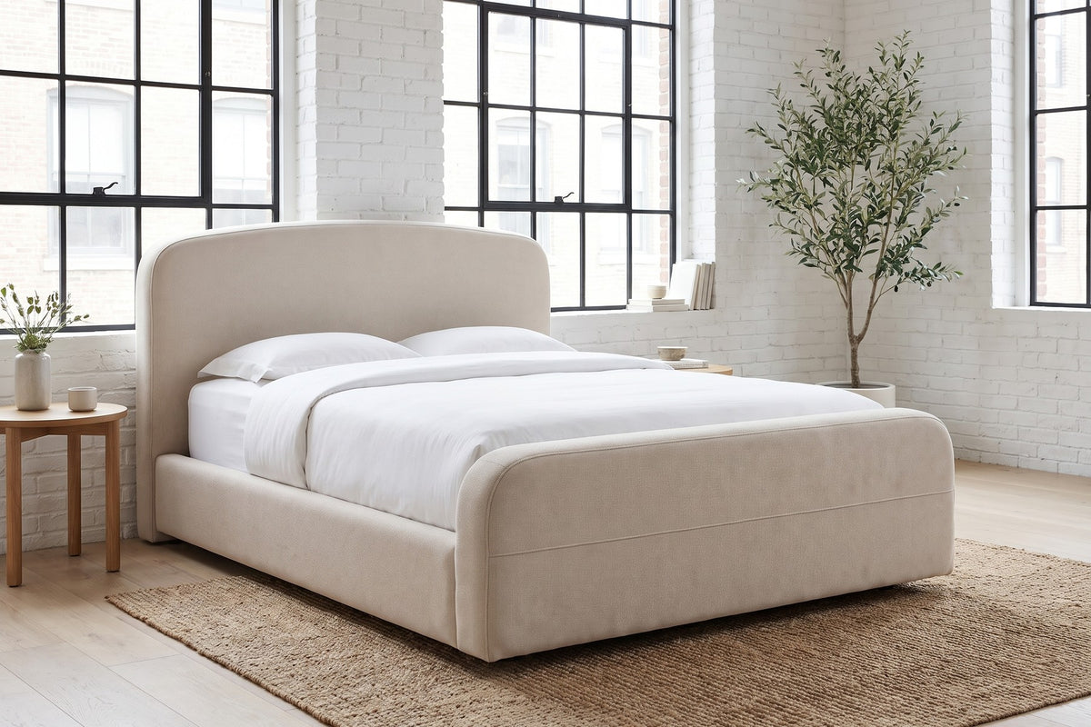 Giverny Upholstered Low Bed – Rounded Headboard, Performance Fabric, Queen