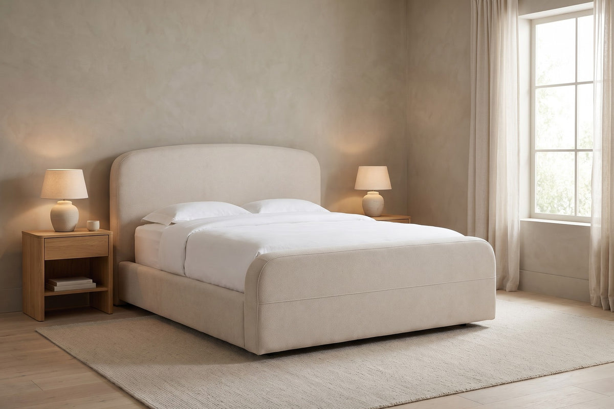 Giverny Upholstered Low Bed – Rounded Headboard, Performance Fabric, Queen