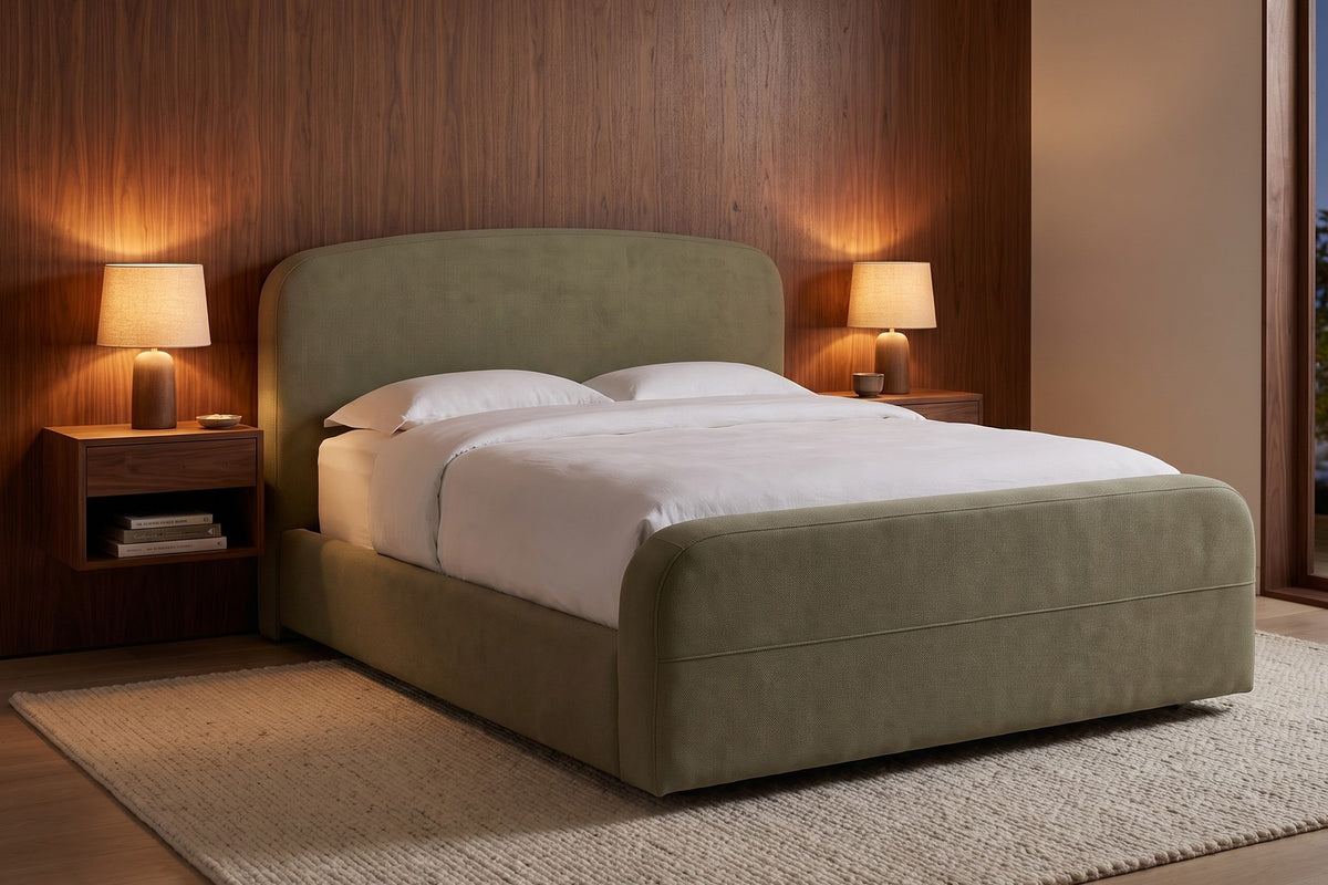 Giverny Upholstered Low Bed – Rounded Headboard, Performance Fabric, Queen