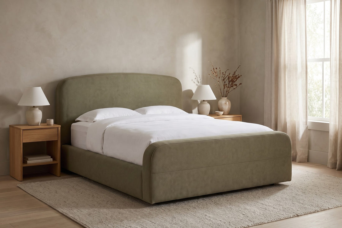 Giverny Upholstered Low Bed in Olive, in a living space
