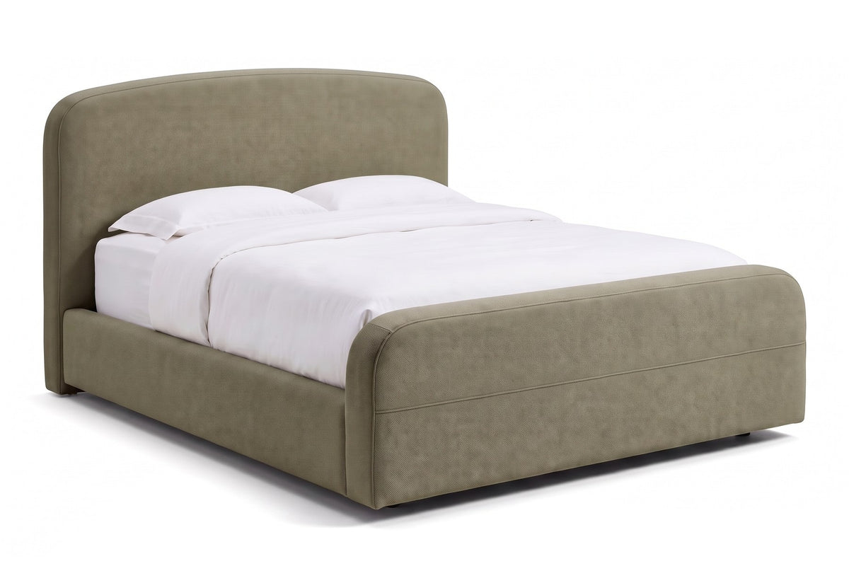Giverny Upholstered Low Bed in Olive, three-quarter view on white