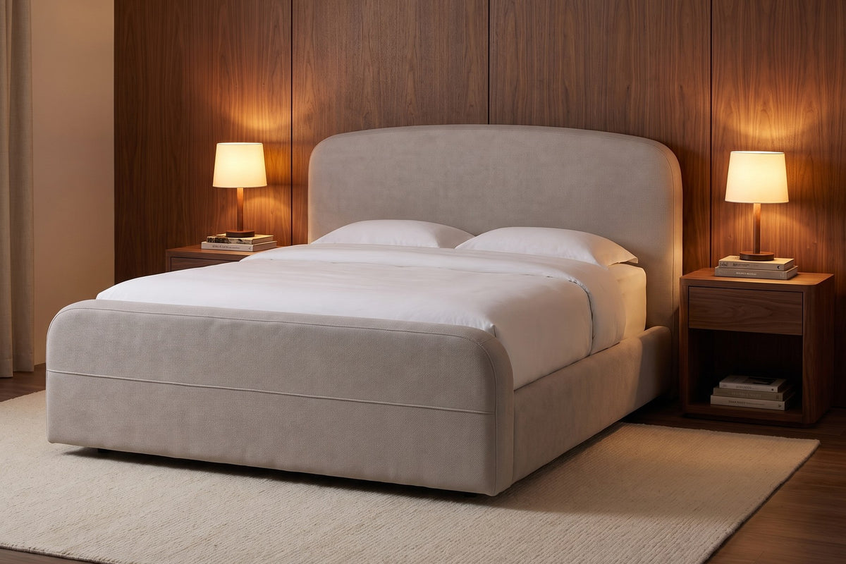 Giverny Upholstered Low Bed in Stone, in a room setting