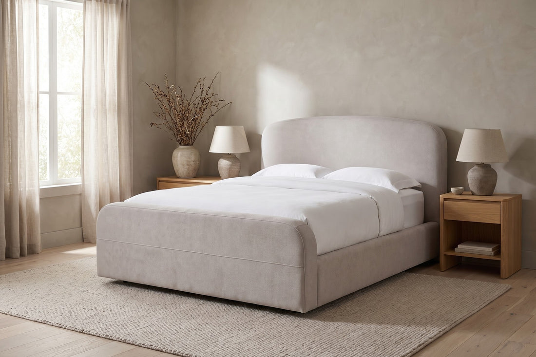 Giverny Upholstered Low Bed in Stone, in a living space