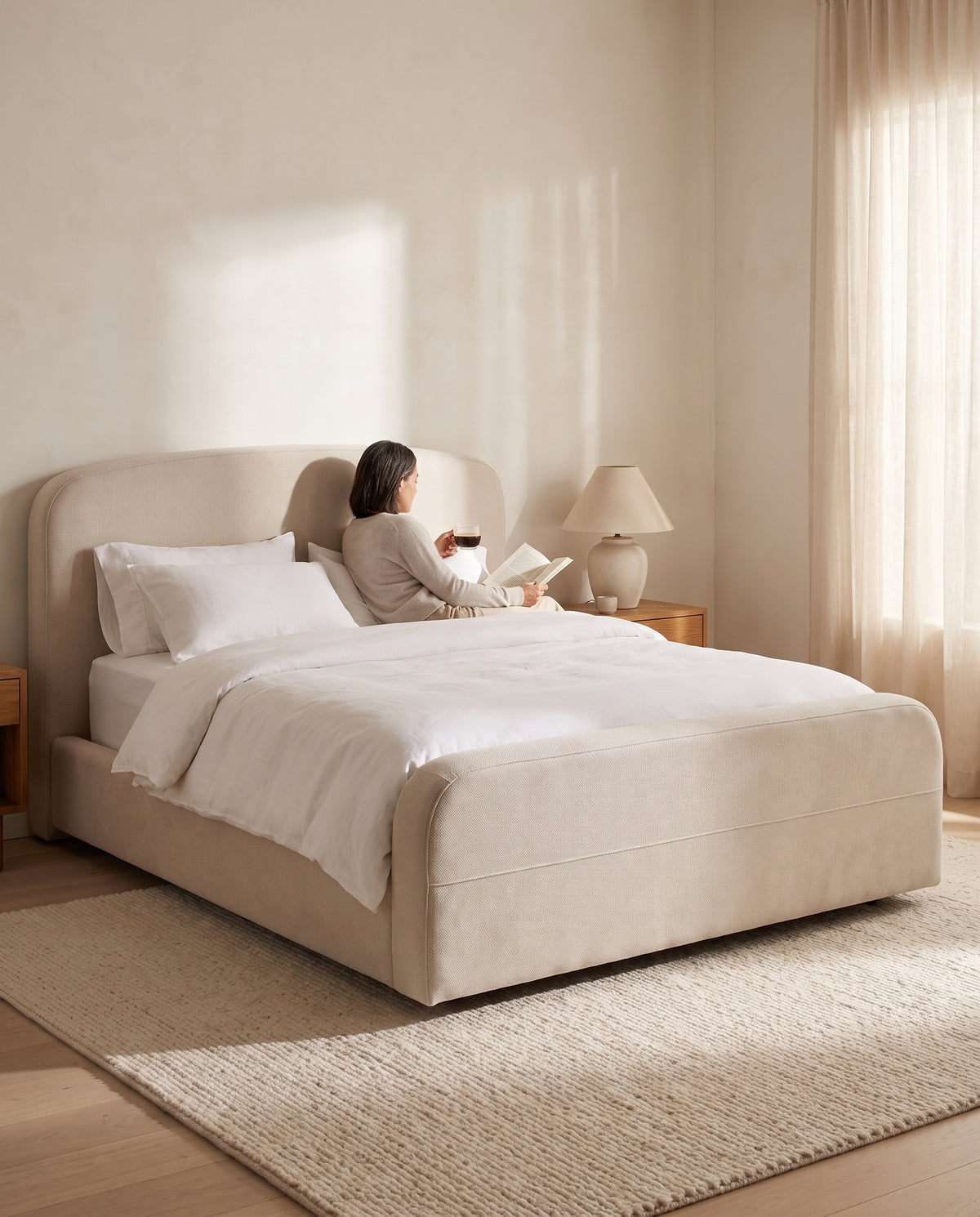 Giverny Oatmeal Upholstered Low Bed in everyday use at home