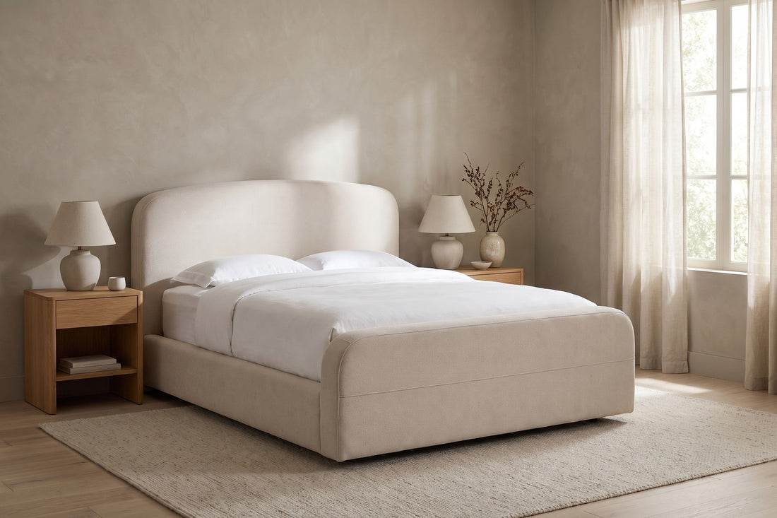 Giverny Oatmeal Upholstered Low Bed in a living space