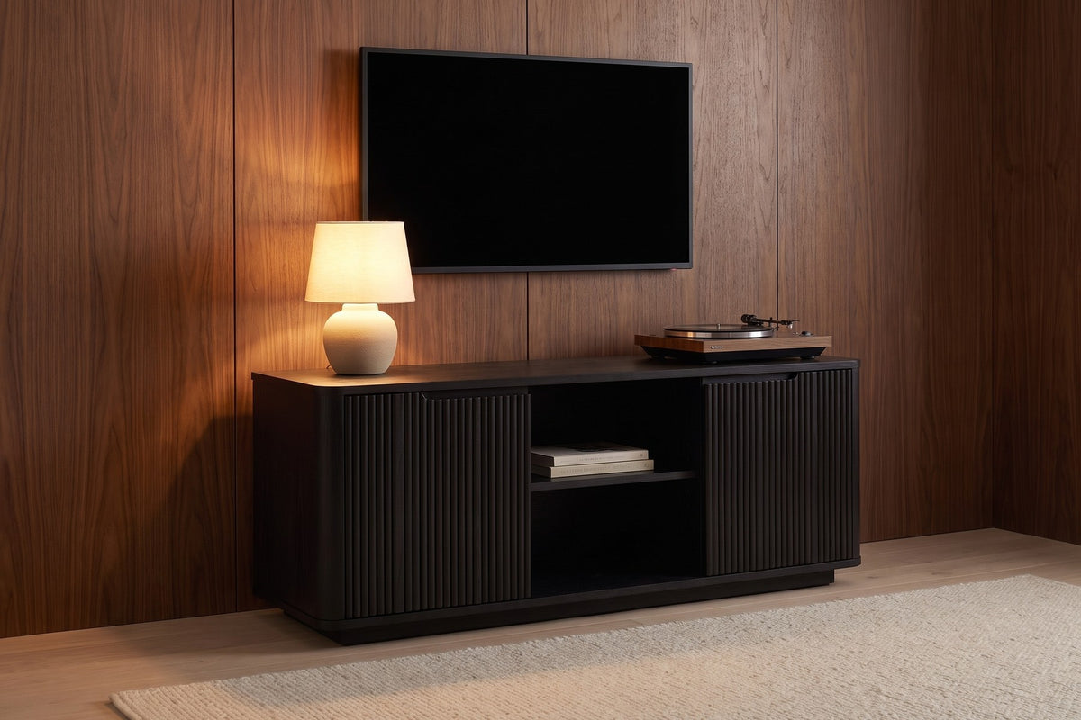Gordes Media Console in Black Oak, in a room setting