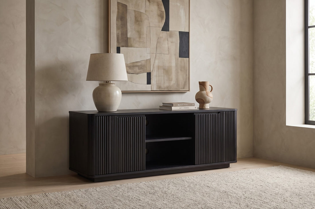 Gordes Media Console in Black Oak, in a living space