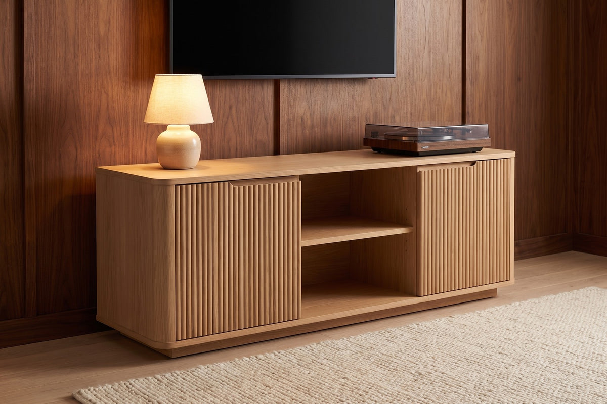 Gordes 60" Fluted Media Console – Reeded Doors, Open Center Shelf