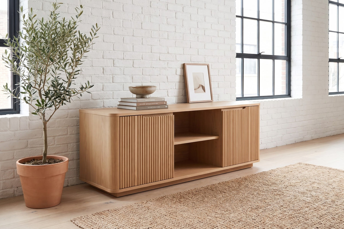 Gordes 60" Fluted Media Console – Reeded Doors, Open Center Shelf