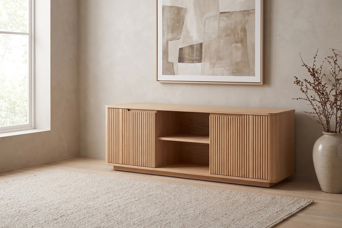 Gordes Fluted Oak Media Console in a home