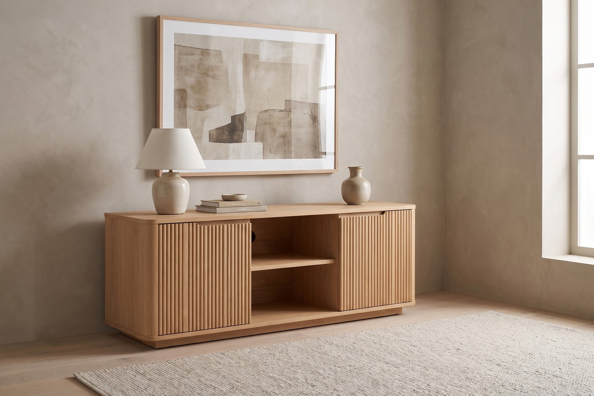 Gordes Fluted Oak Media Console in a living space