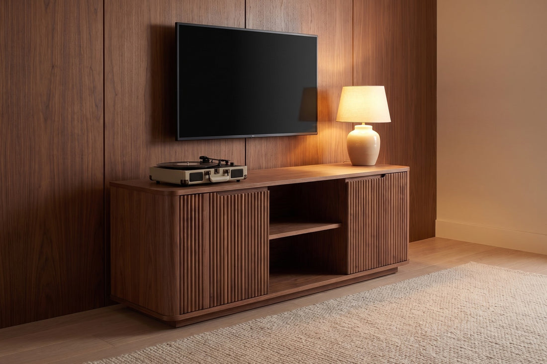 Gordes Media Console in Walnut, in a room setting