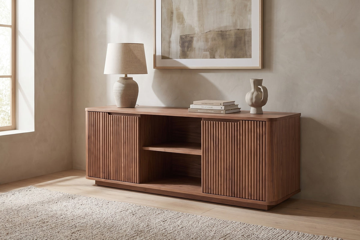 Gordes Media Console in Walnut, in a living space