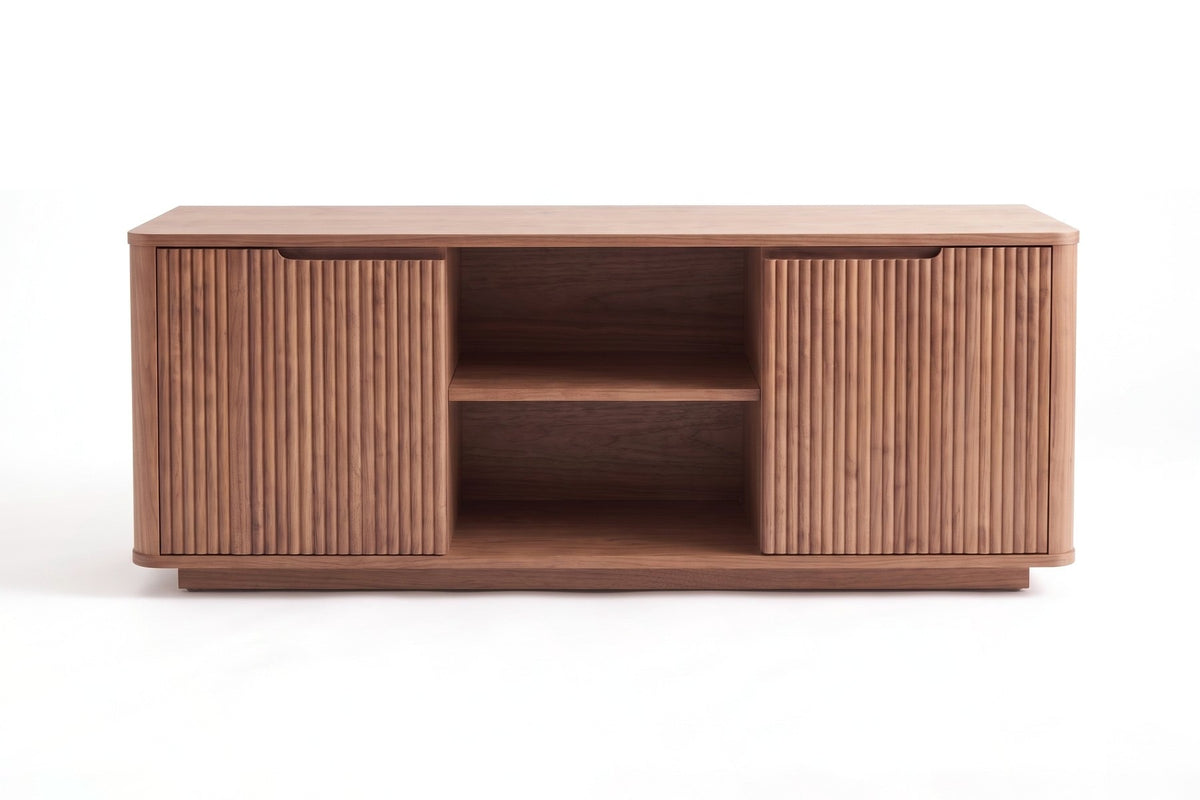 Gordes Media Console in Walnut, front view on white