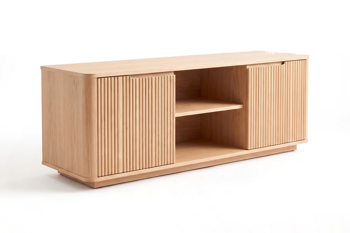 Gordes Fluted Oak Media Console, three-quarter view from the front left, slightly above the top