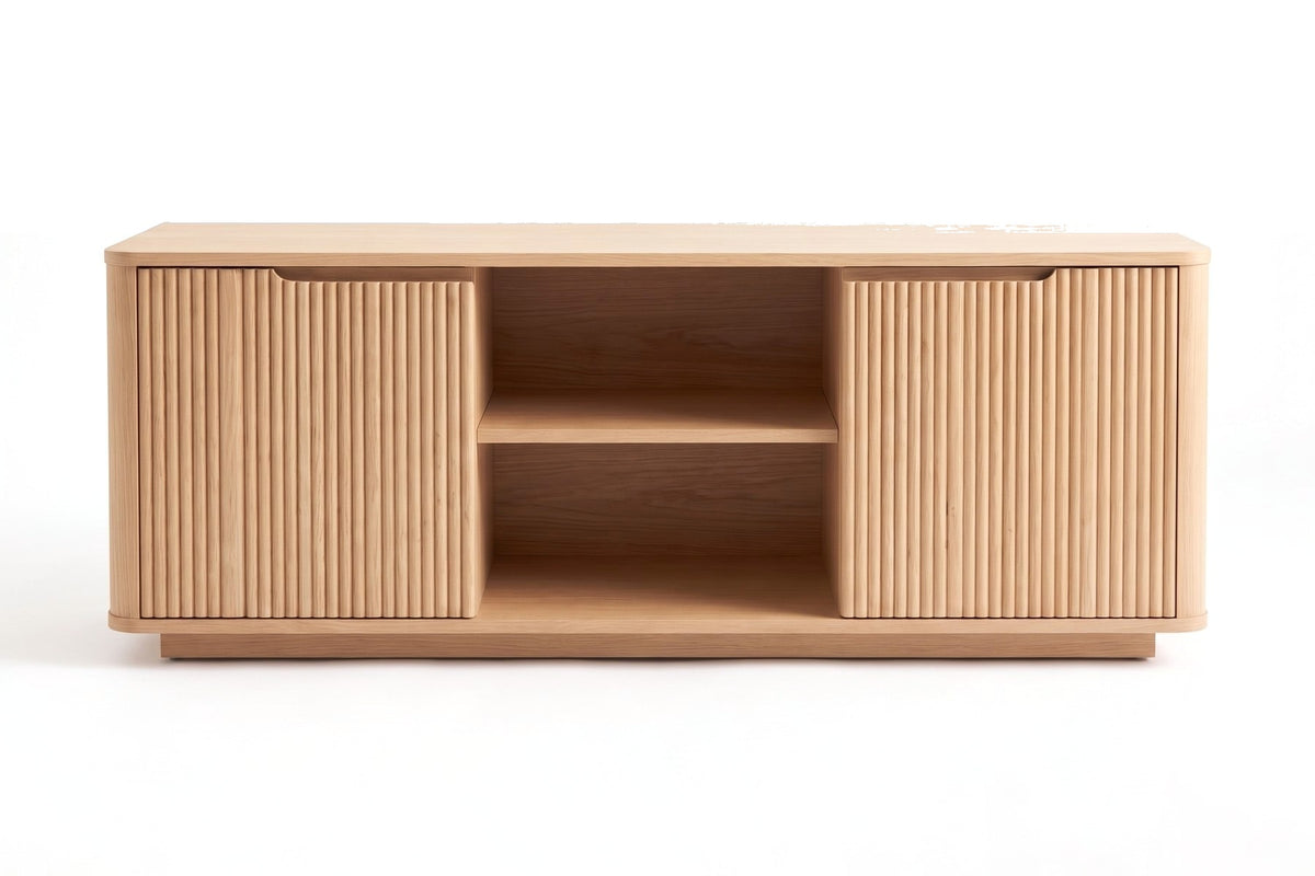 Gordes Fluted Oak Media Console, straight front view at mid-height, showing both fluted doors and the open center bay