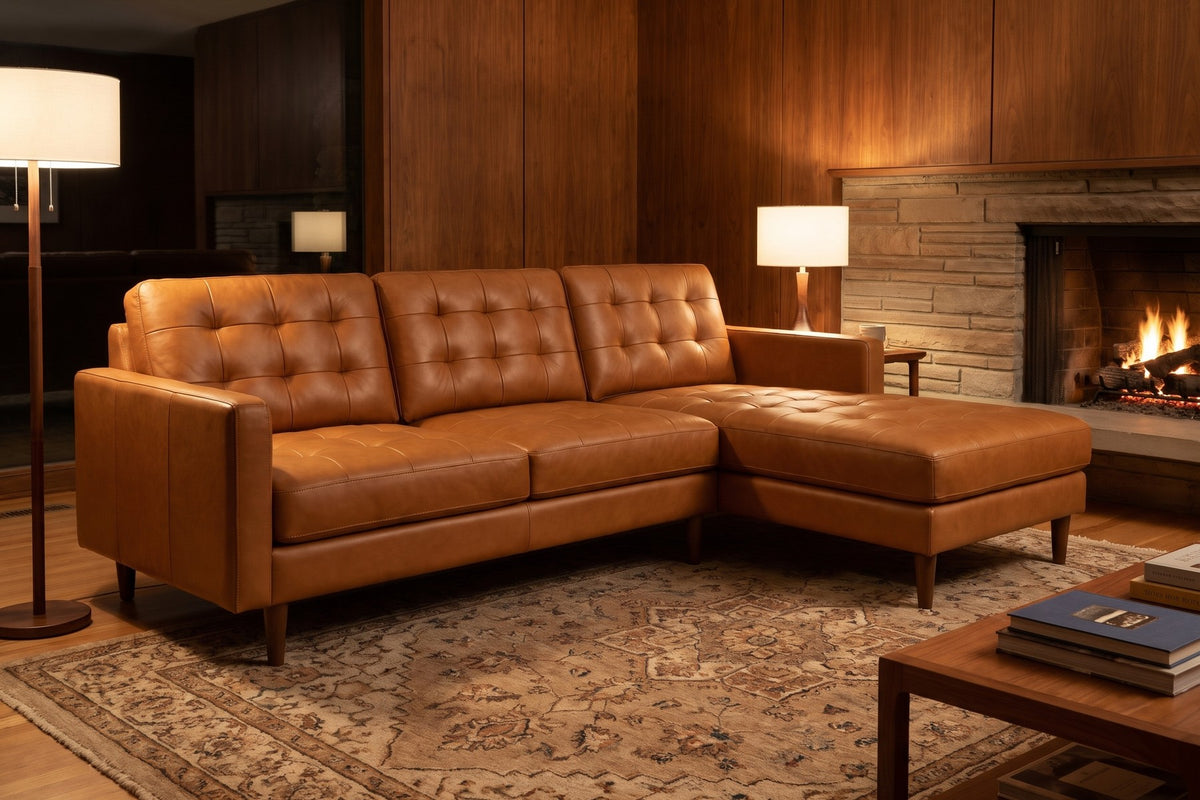 Evening. By a stone fireplace, the tan leather deepens to a warm glow.