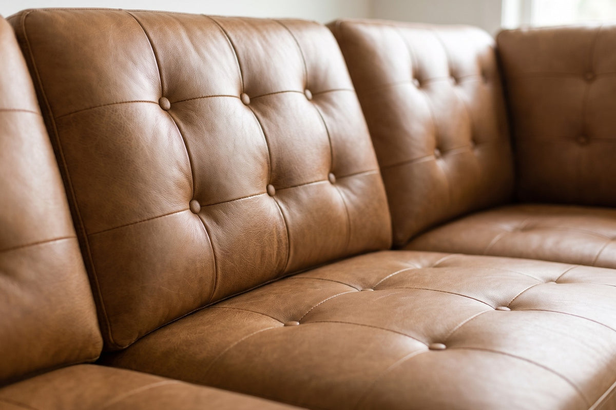 Grenelle Tan Top-Grain Leather Sectional – Right-Facing Chaise, Button-Tufted Back