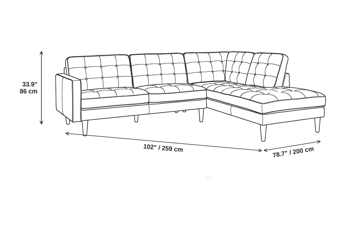 Grenelle tan top-grain leather sectional with right-facing chaise and button-tufted back dimensions: 102 inches wide, 78.7 inches deep and 33.9 inches high