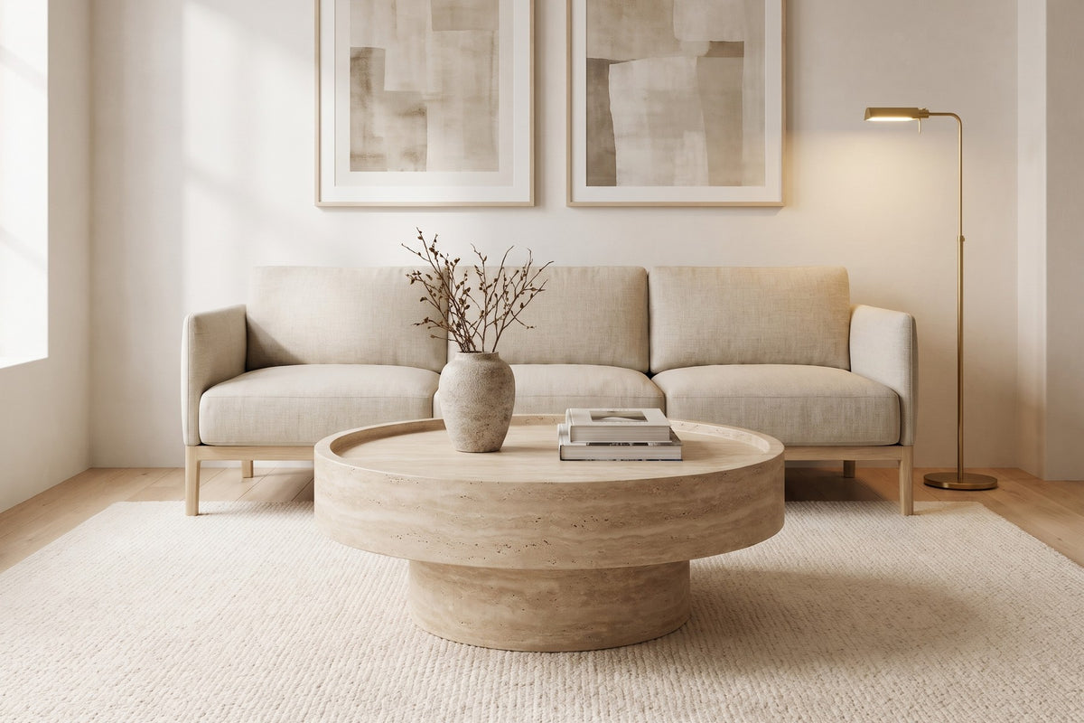 Haussmann 31.5" round drum coffee table with a travertine-look finish in a calm living room with framed prints, in front of a sofa