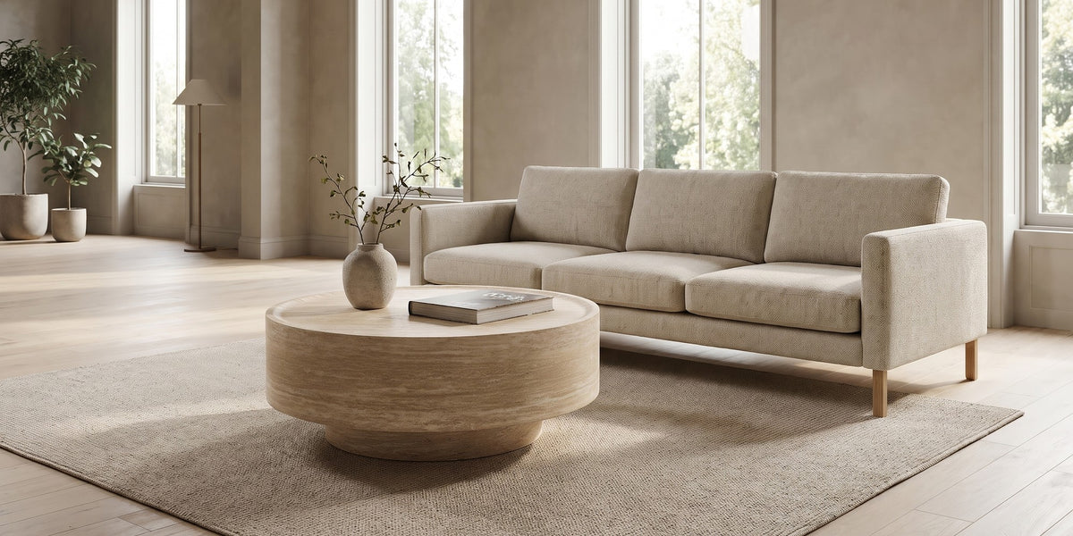 Haussmann 31.5" round drum coffee table with a travertine-look finish in a wide room view