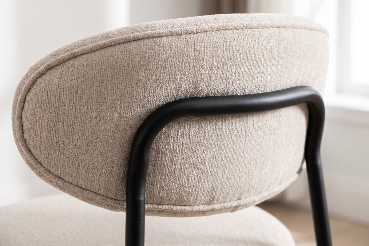 Héloïse Curved-Back Chenille Dining Chair – Beige, Black Metal Legs, Set of 2